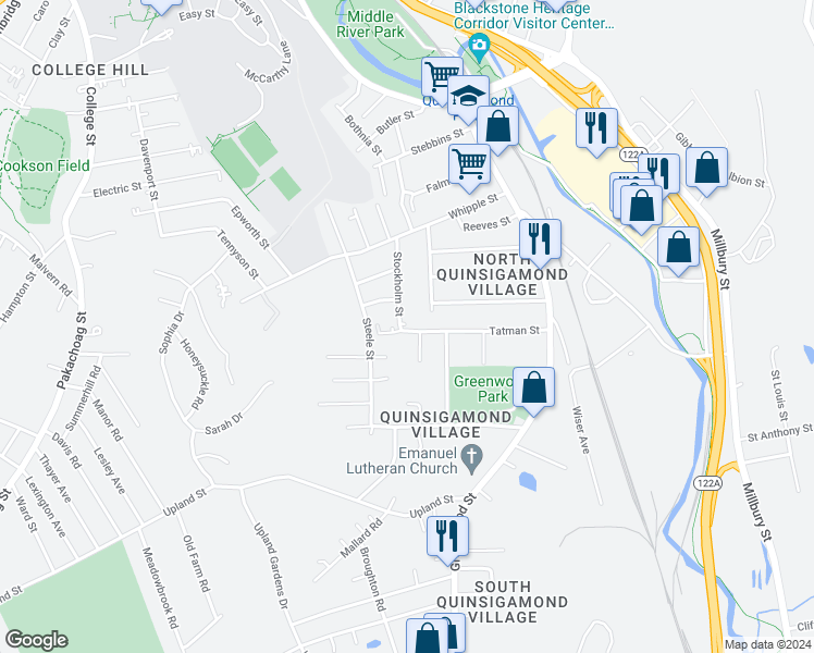map of restaurants, bars, coffee shops, grocery stores, and more near 16 Peacedale Avenue in Worcester