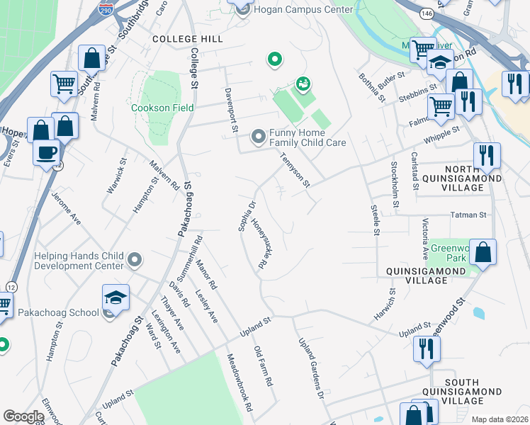 map of restaurants, bars, coffee shops, grocery stores, and more near 40 Honeysuckle Road in Worcester
