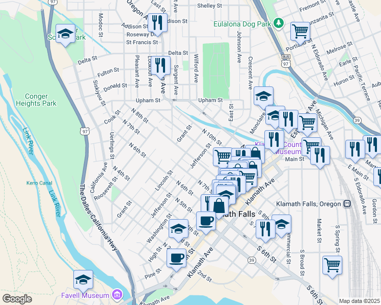 map of restaurants, bars, coffee shops, grocery stores, and more near 527 North 8th Street in Klamath Falls