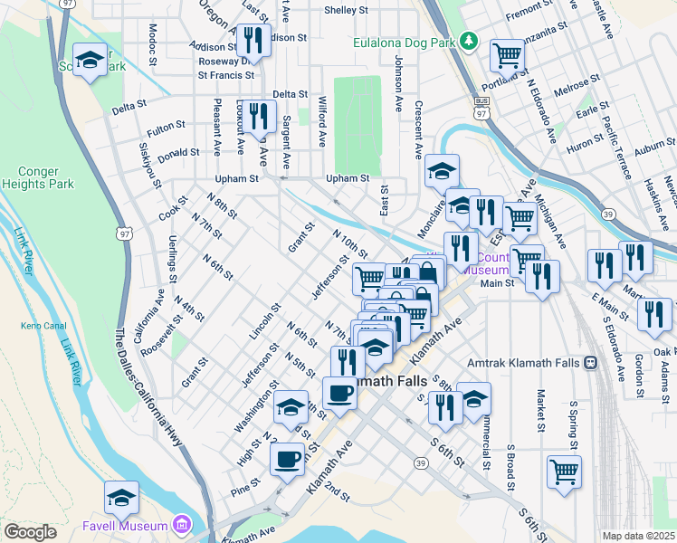 map of restaurants, bars, coffee shops, grocery stores, and more near 422 North 9th Street in Klamath Falls