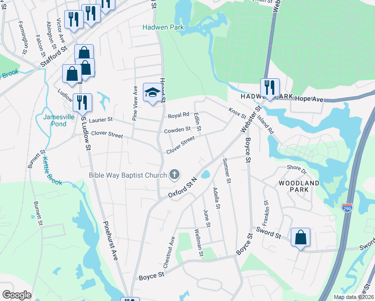 map of restaurants, bars, coffee shops, grocery stores, and more near 95 Clover Street in Worcester