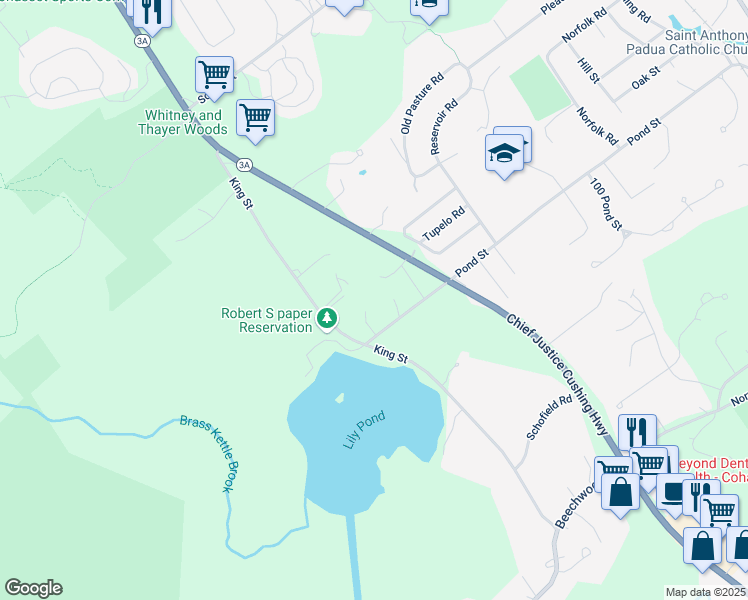 map of restaurants, bars, coffee shops, grocery stores, and more near 10 Ridge Top Road in Cohasset