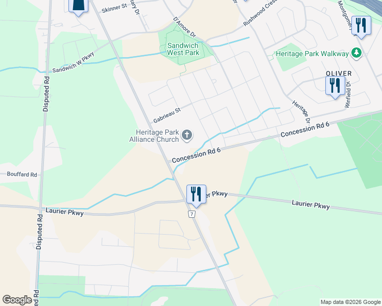 map of restaurants, bars, coffee shops, grocery stores, and more near 2501 Sixth Concession in Windsor