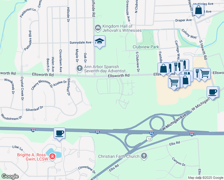 map of restaurants, bars, coffee shops, grocery stores, and more near 2957 Roundtree Boulevard in Ypsilanti