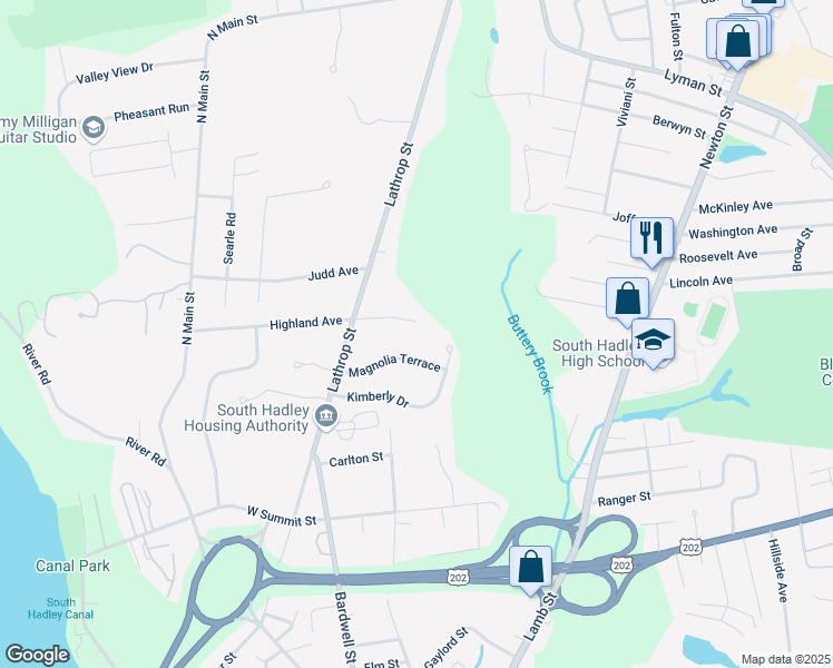 map of restaurants, bars, coffee shops, grocery stores, and more near 8 Scott Hollow in South Hadley