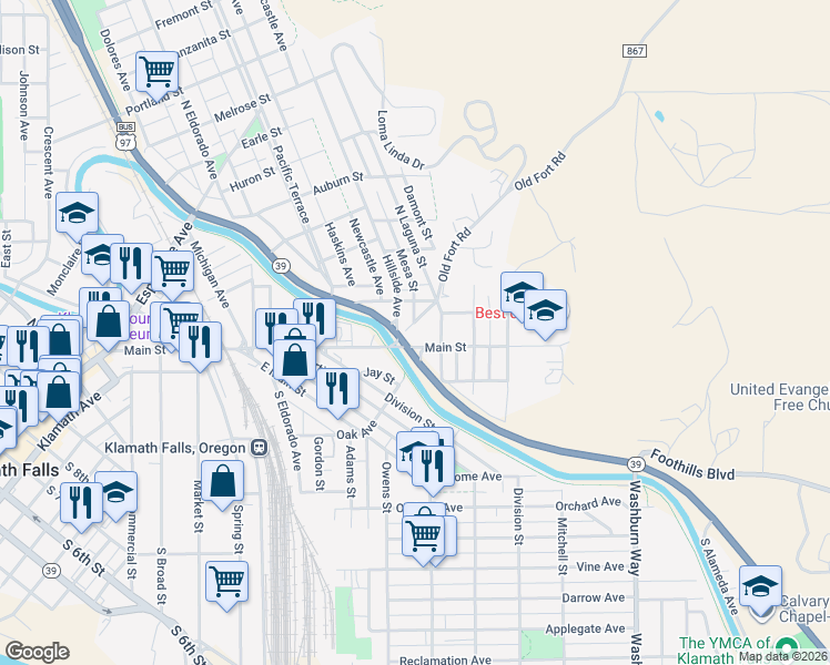 map of restaurants, bars, coffee shops, grocery stores, and more near 2136 Herbert Street in Klamath Falls