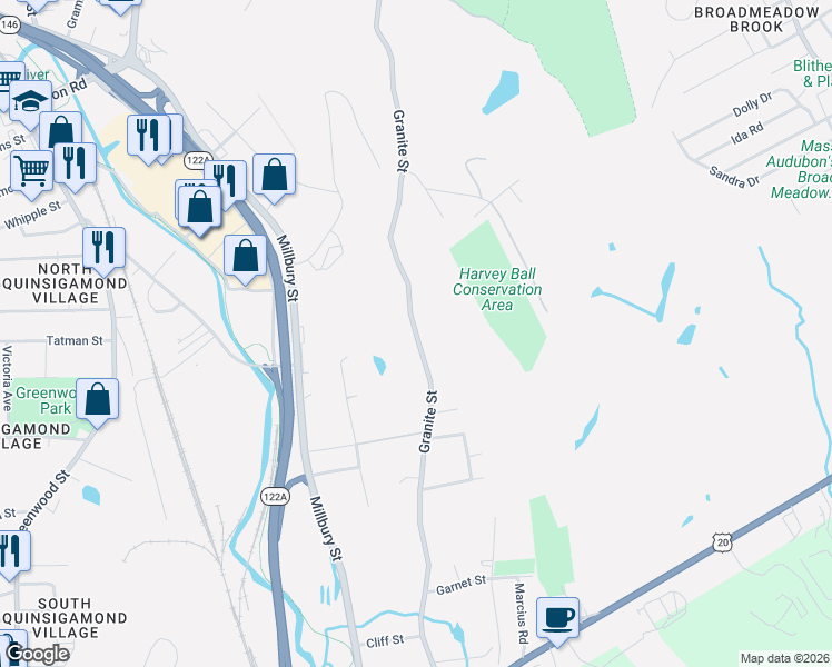 map of restaurants, bars, coffee shops, grocery stores, and more near 329 Granite Street in Worcester