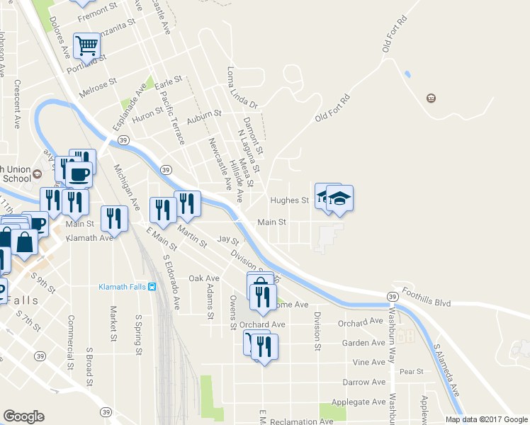 map of restaurants, bars, coffee shops, grocery stores, and more near 114 North Laguna Street in Klamath Falls