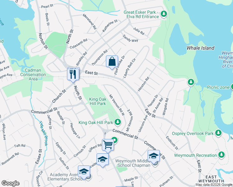 map of restaurants, bars, coffee shops, grocery stores, and more near 157 Mount Vernon Road East in Weymouth
