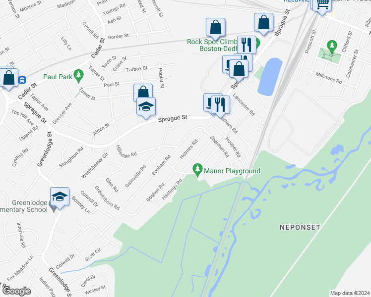 map of restaurants, bars, coffee shops, grocery stores, and more near 49 Holmes Road in Dedham