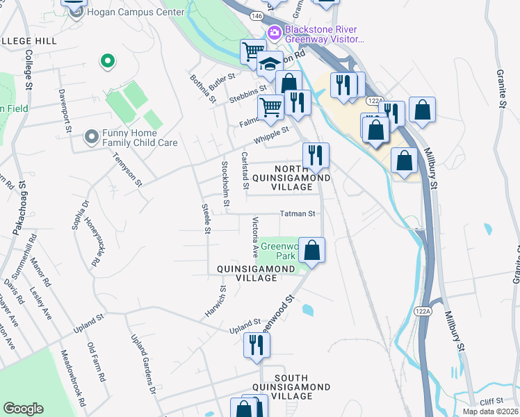 map of restaurants, bars, coffee shops, grocery stores, and more near 42 Kosta Street in Worcester