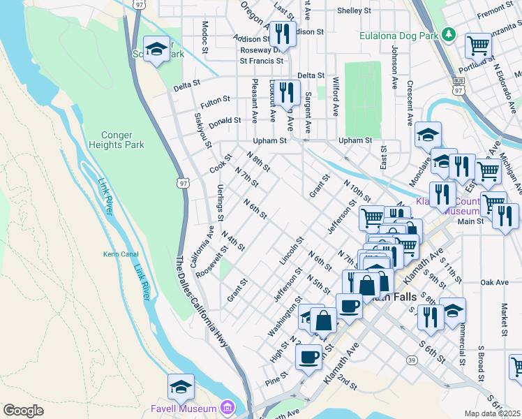 map of restaurants, bars, coffee shops, grocery stores, and more near 604 Roosevelt Street in Klamath Falls