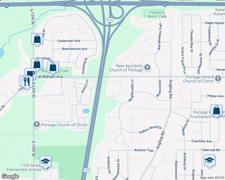 map of restaurants, bars, coffee shops, grocery stores, and more near 3951 West Milham Avenue in Portage