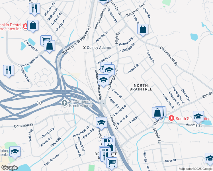 map of restaurants, bars, coffee shops, grocery stores, and more near 107 Washington Street in Braintree