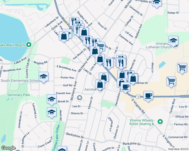 map of restaurants, bars, coffee shops, grocery stores, and more near 342 Lake Street in Crystal Lake