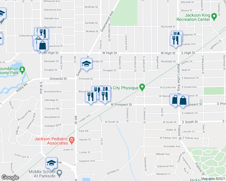map of restaurants, bars, coffee shops, grocery stores, and more near 1701 Woodbridge Street in Jackson
