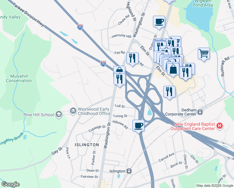 map of restaurants, bars, coffee shops, grocery stores, and more near 990 Washington Street in Dedham