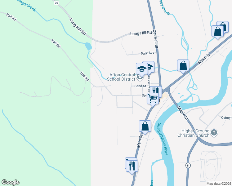 map of restaurants, bars, coffee shops, grocery stores, and more near 84 Spring St in Afton