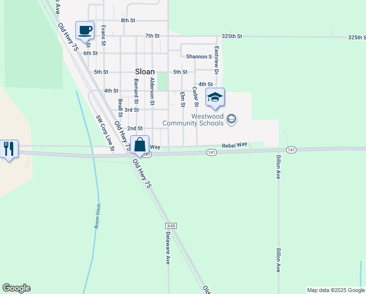 map of restaurants, bars, coffee shops, grocery stores, and more near Rebel Way in Sloan