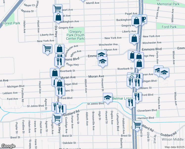 map of restaurants, bars, coffee shops, grocery stores, and more near 1661 Riverbank Street in Lincoln Park