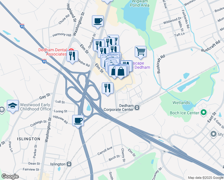 map of restaurants, bars, coffee shops, grocery stores, and more near 189 Elm Street in Dedham