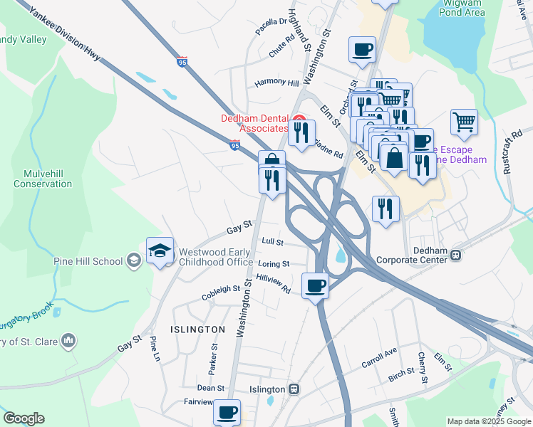 map of restaurants, bars, coffee shops, grocery stores, and more near 990 Washington Street in Dedham