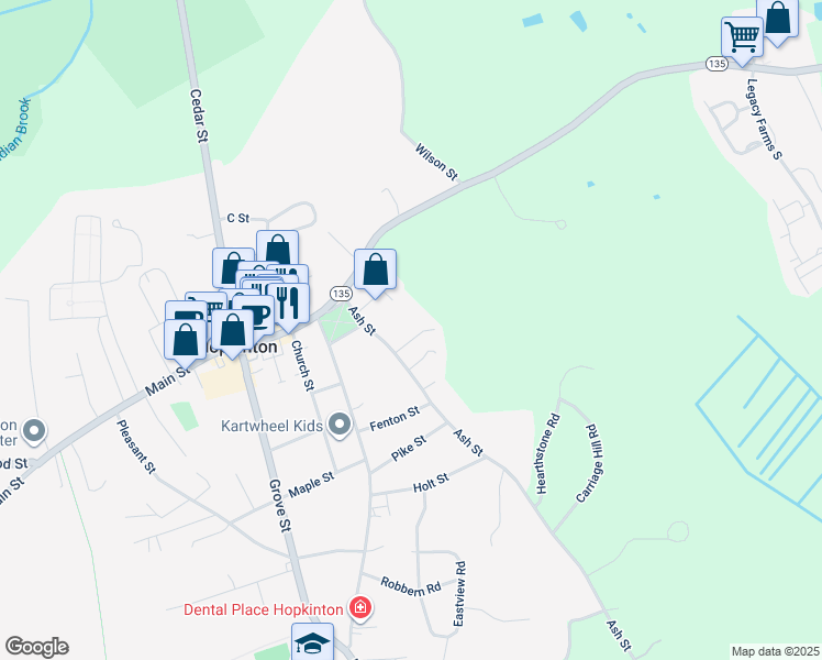 map of restaurants, bars, coffee shops, grocery stores, and more near 19 Ash Street in Hopkinton