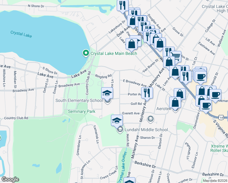 map of restaurants, bars, coffee shops, grocery stores, and more near 413 Spruce Lane in Crystal Lake