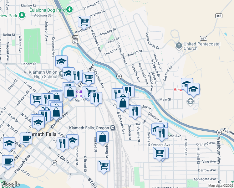 map of restaurants, bars, coffee shops, grocery stores, and more near 208 Mortimer Street in Klamath Falls