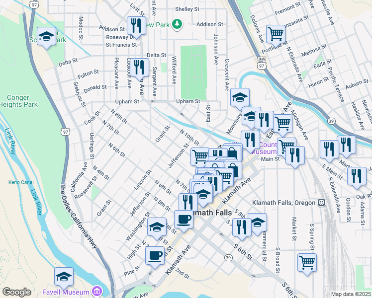 map of restaurants, bars, coffee shops, grocery stores, and more near 431 North 9th Street in Klamath Falls