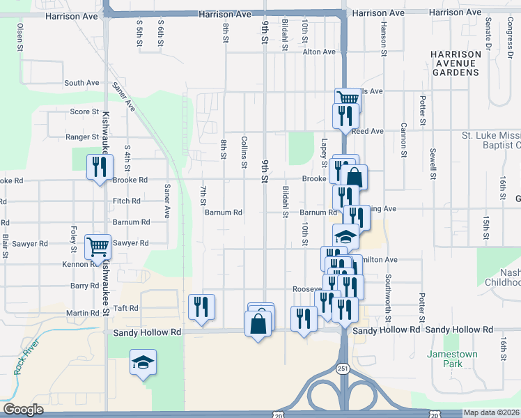 map of restaurants, bars, coffee shops, grocery stores, and more near 3021 9th Street in Rockford