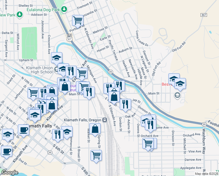 map of restaurants, bars, coffee shops, grocery stores, and more near 127 Mortimer Street in Klamath Falls
