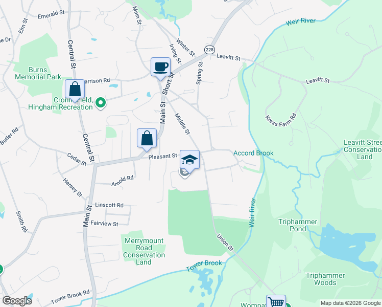 map of restaurants, bars, coffee shops, grocery stores, and more near 44 Pleasant Street in Hingham
