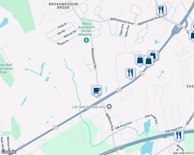 map of restaurants, bars, coffee shops, grocery stores, and more near 488 Massasoit Rd in Worcester