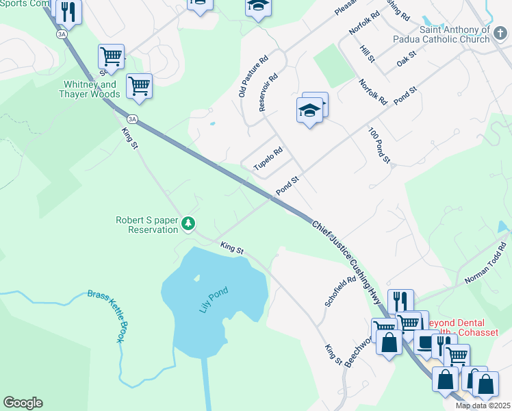 map of restaurants, bars, coffee shops, grocery stores, and more near 223 Pond Street in Cohasset