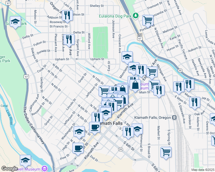map of restaurants, bars, coffee shops, grocery stores, and more near 1014 Washington Street in Klamath Falls
