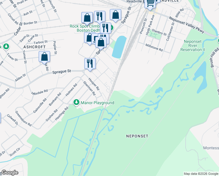 map of restaurants, bars, coffee shops, grocery stores, and more near 72 Durham Road in Dedham