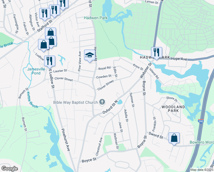 map of restaurants, bars, coffee shops, grocery stores, and more near 96 Clover Street in Worcester