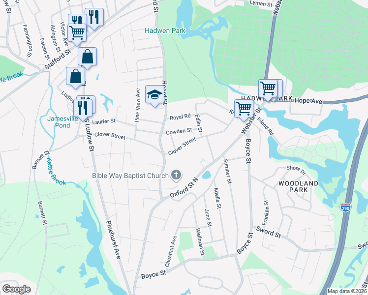 map of restaurants, bars, coffee shops, grocery stores, and more near 96 Clover Street in Worcester