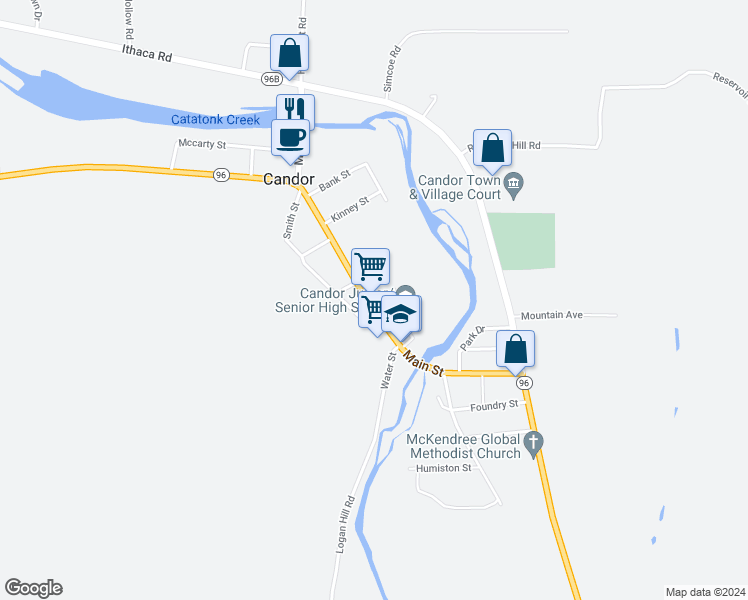 map of restaurants, bars, coffee shops, grocery stores, and more near 92-112 Main Street in Candor