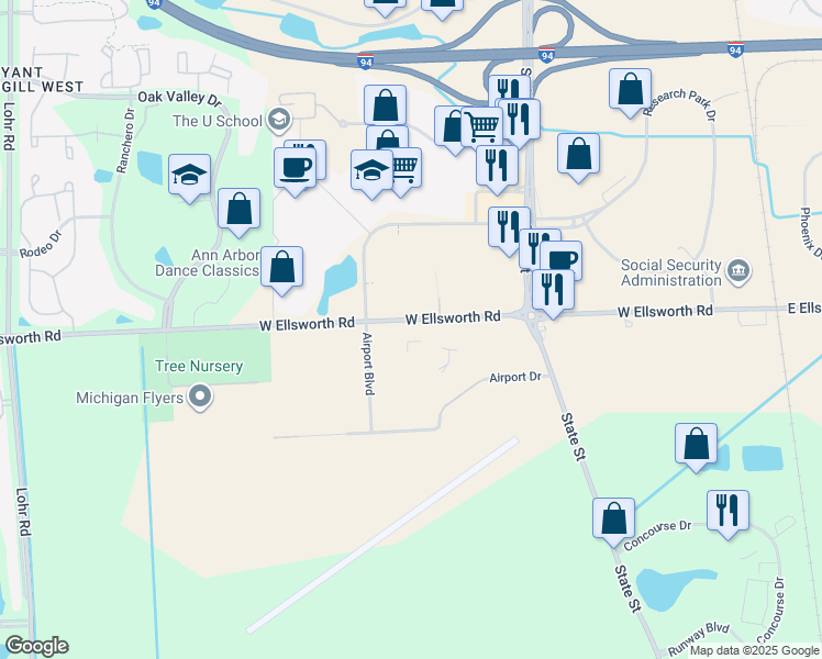 map of restaurants, bars, coffee shops, grocery stores, and more near 2-306 West Ellsworth Road in Ann Arbor