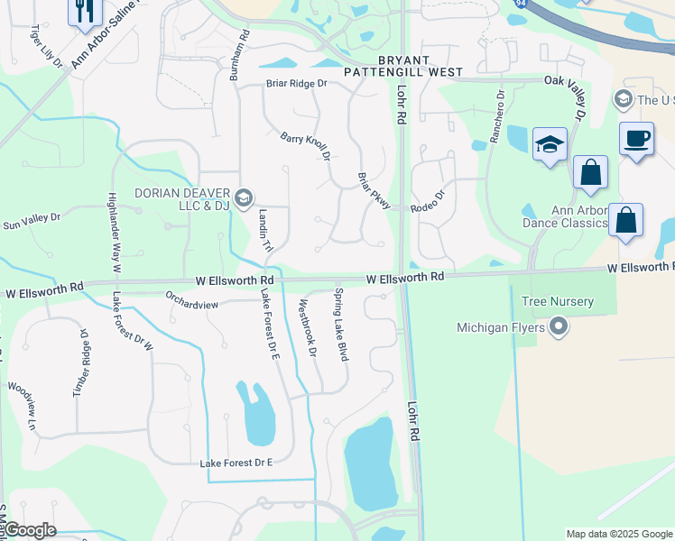 map of restaurants, bars, coffee shops, grocery stores, and more near 3889 Mill Pond Lane in Ann Arbor