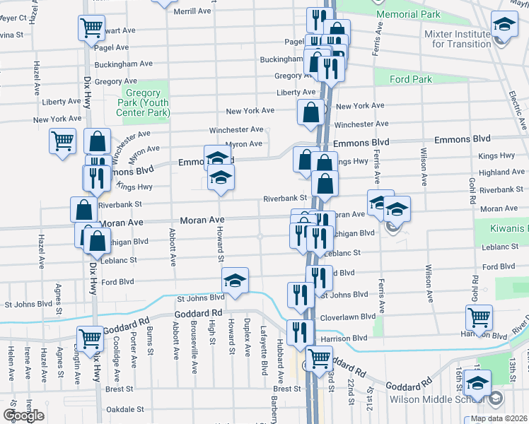 map of restaurants, bars, coffee shops, grocery stores, and more near 1483 Riverbank Street in Lincoln Park