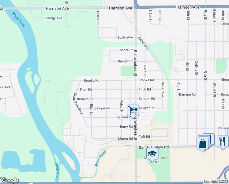 map of restaurants, bars, coffee shops, grocery stores, and more near 526 Fitch Road in Rockford