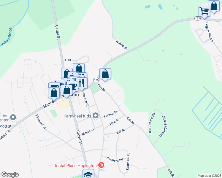 map of restaurants, bars, coffee shops, grocery stores, and more near 19 Ash Street in Hopkinton