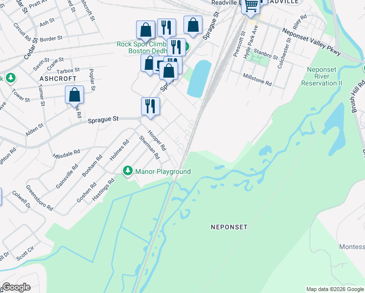 map of restaurants, bars, coffee shops, grocery stores, and more near 72 Durham Road in Dedham