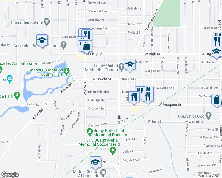 map of restaurants, bars, coffee shops, grocery stores, and more near 726 Bloomfield Boulevard in Jackson