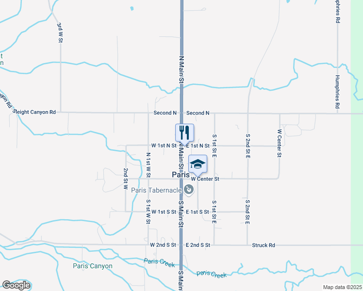 map of restaurants, bars, coffee shops, grocery stores, and more near East 1st North Street in Paris
