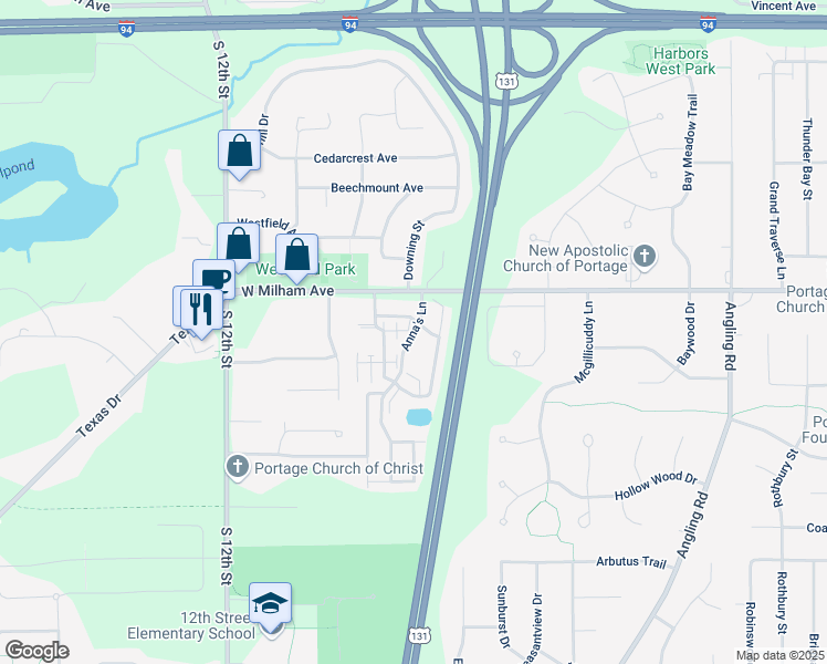 map of restaurants, bars, coffee shops, grocery stores, and more near 6088 Anna's Lane in Portage