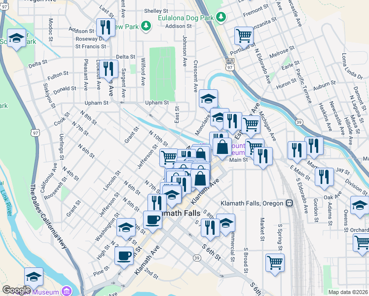 map of restaurants, bars, coffee shops, grocery stores, and more near 312 North 11th Street in Klamath Falls